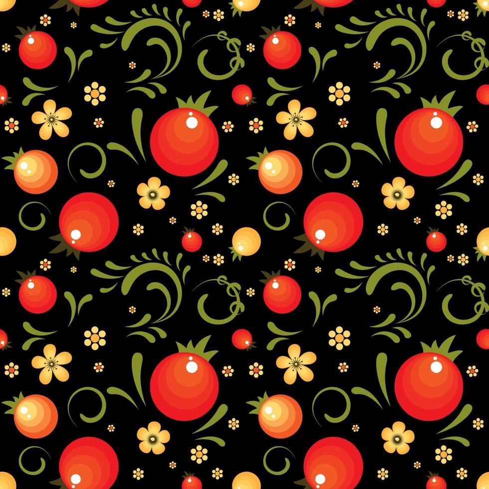 Red Currant floral pattern in Khokhloma style vector