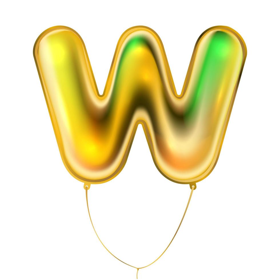 Gold metallic balloon, inflated alphabet symbol W vector