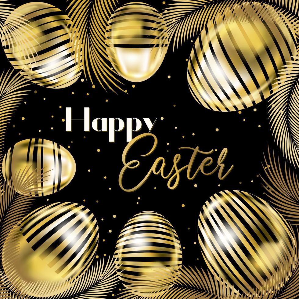 Happy Easter banner with golden eggs and palm branches on the black square vector