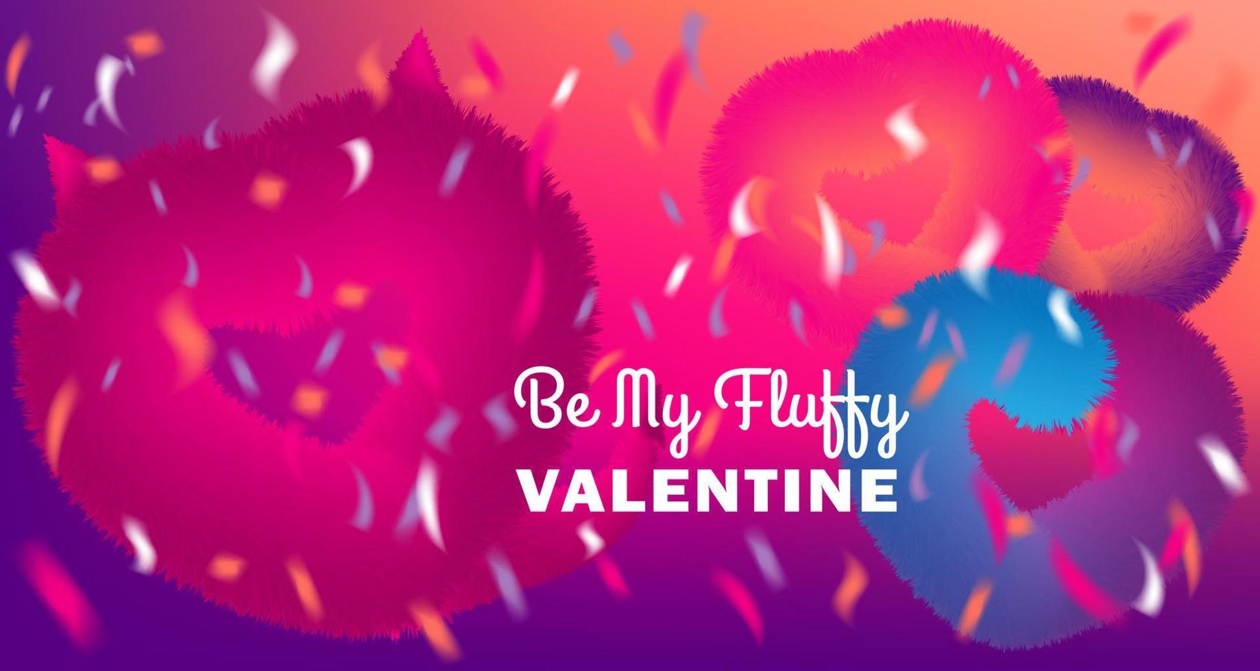 Cute Be My Valentine card with pink fluffy devil and hearts on disco party background with confetti vector