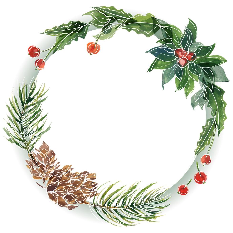 Christmas floral round frame with fir-tree and holly vector