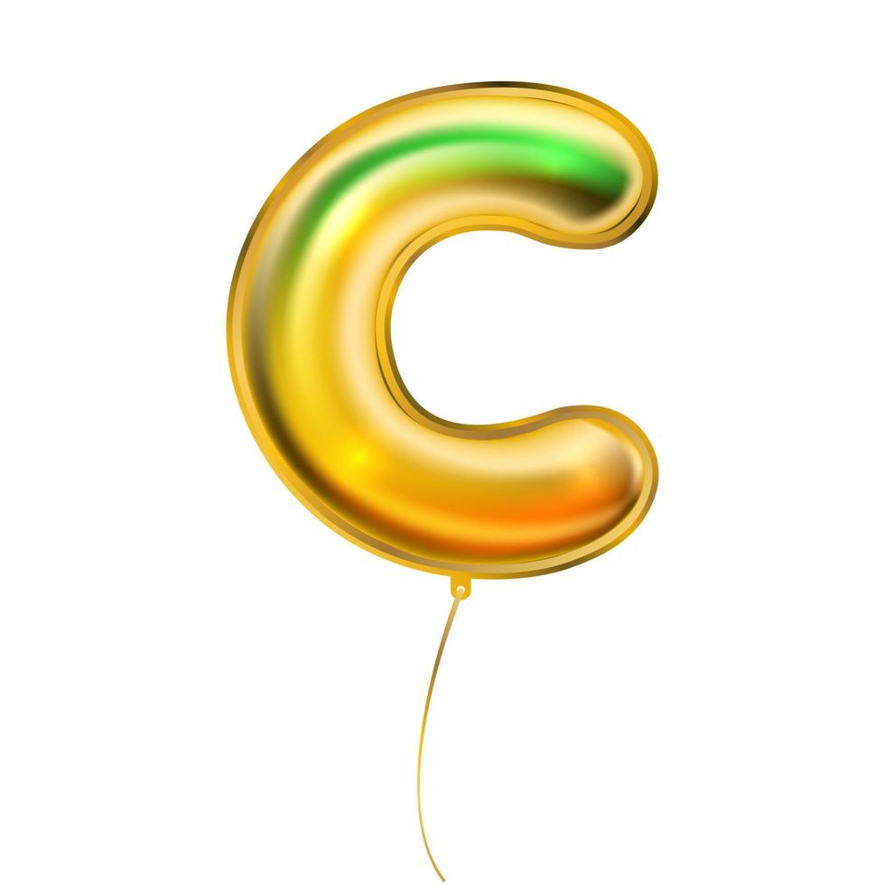 Gold metallic balloon, inflated alphabet symbol C vector