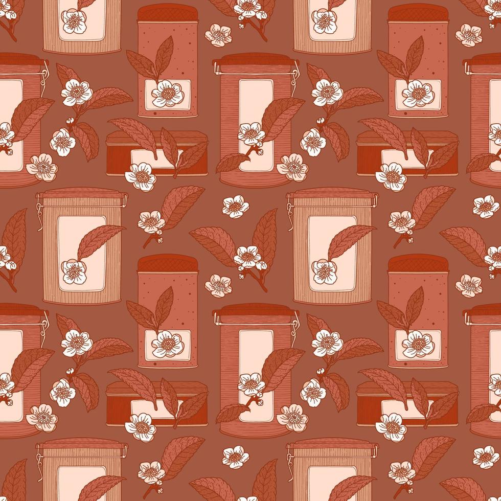 Brown seamless pattern with tea flowers, leaves and cans vector