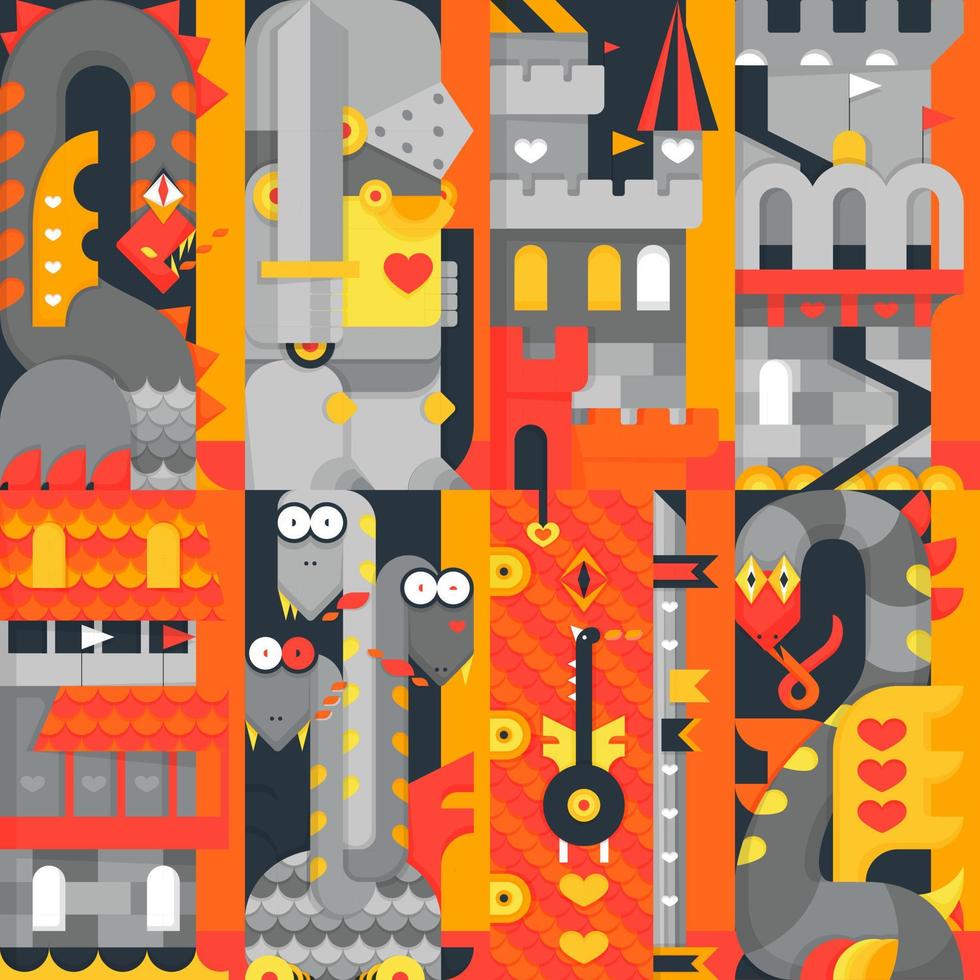 Knight tales fantasy seamless pattern. Dragons and castles vector