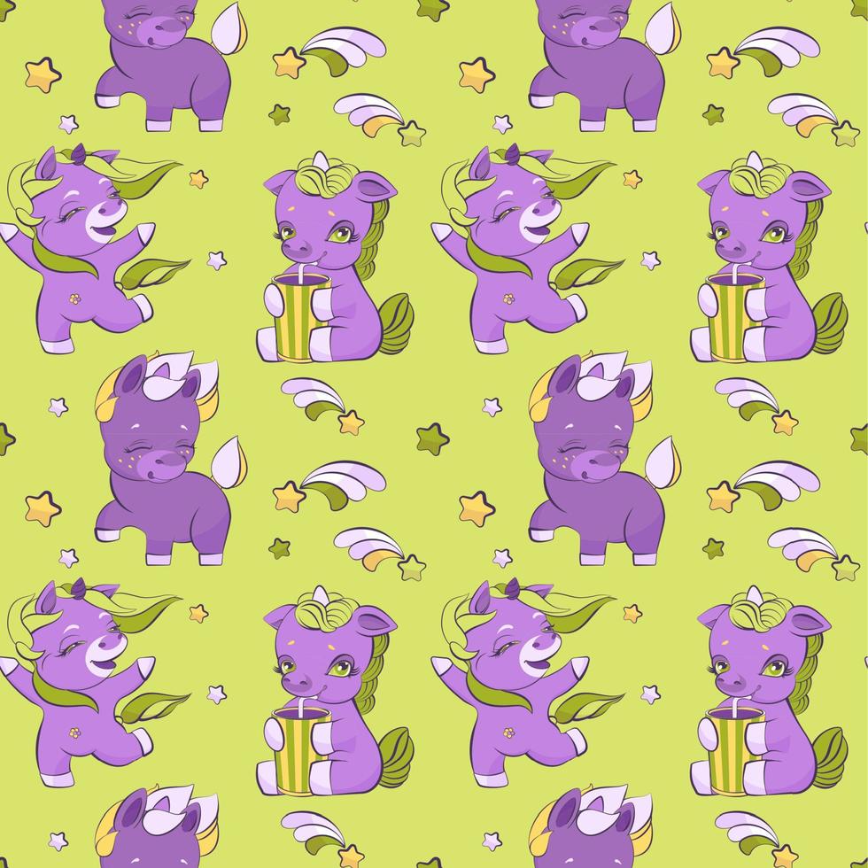 Cute little unicorns on a meadow, seamless pattern vector