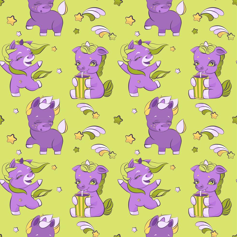Cute little unicorns on a meadow, seamless pattern vector