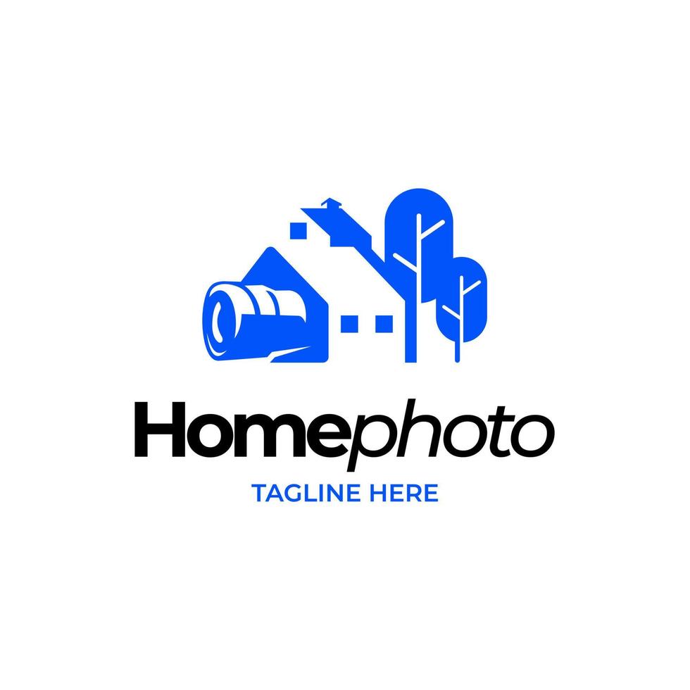 logo moderno, limpio y único que combina una casa con una cámara o video, ilustración de logo de casa y lente con escena de árbol vector