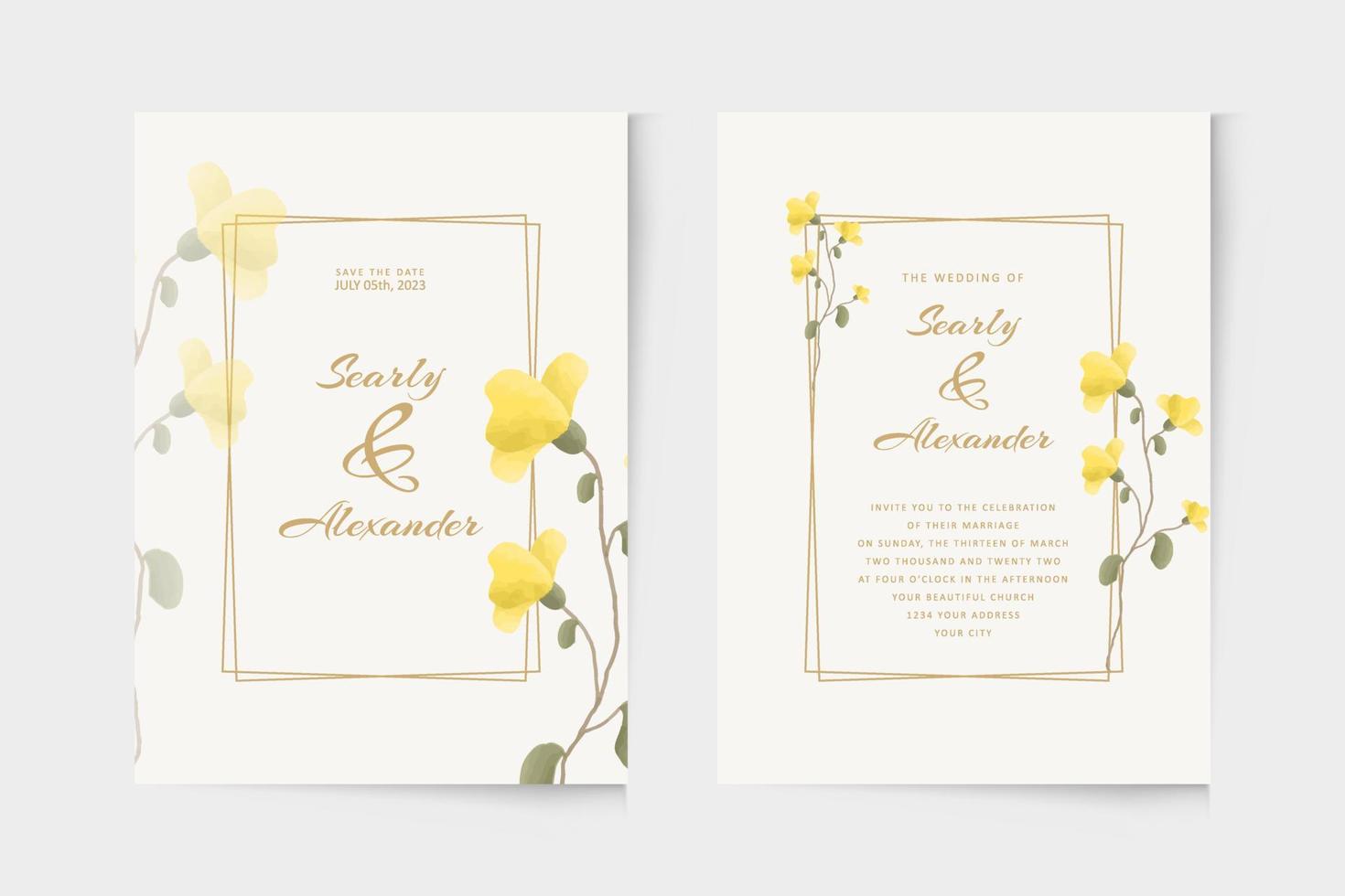 Modern wedding invitation template with yellow floral watercolor ornament vector