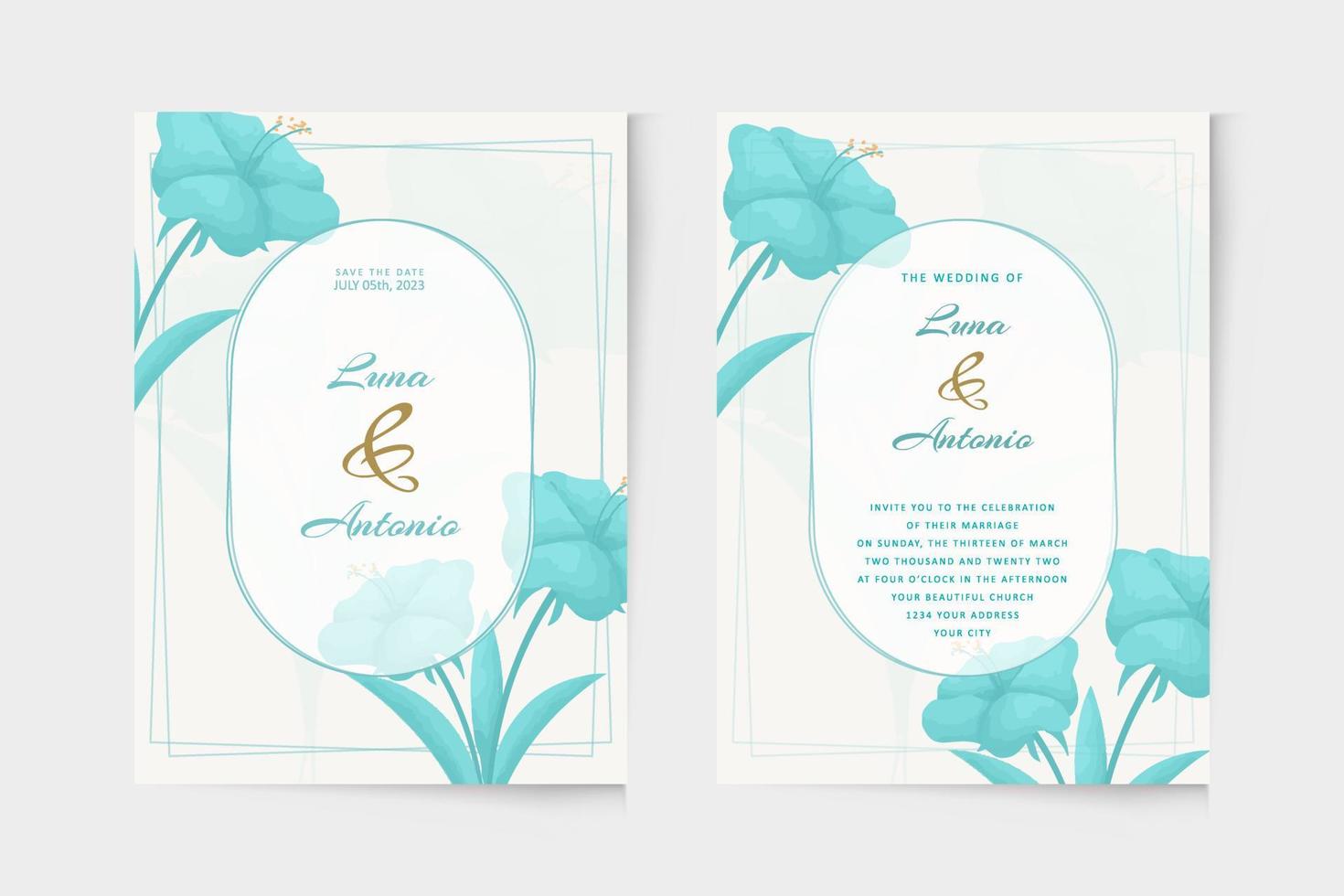 plantilla de invitación de boda con acuarela floral azul vector