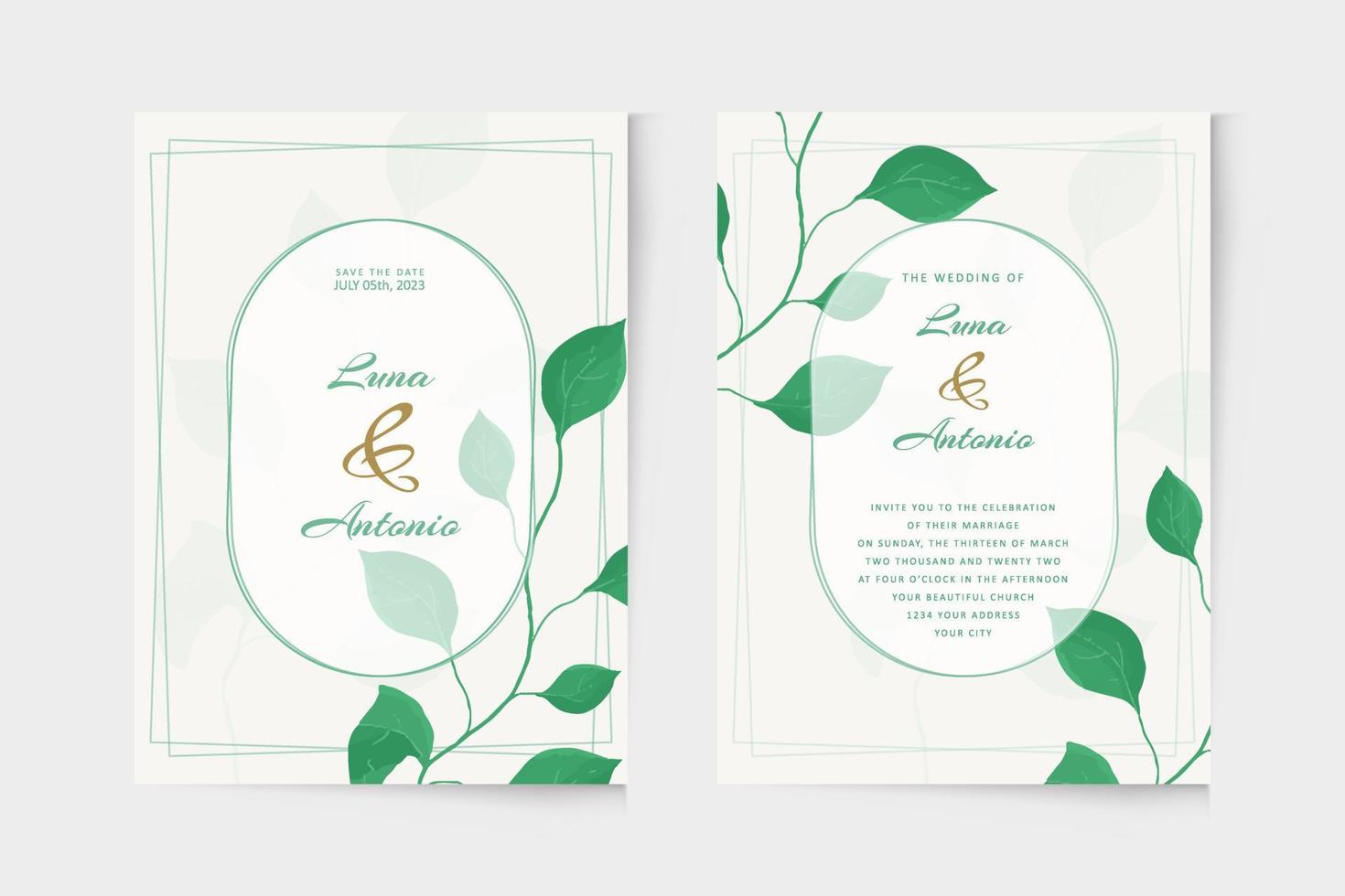 Wedding invitation template with green leaf watercolor vector
