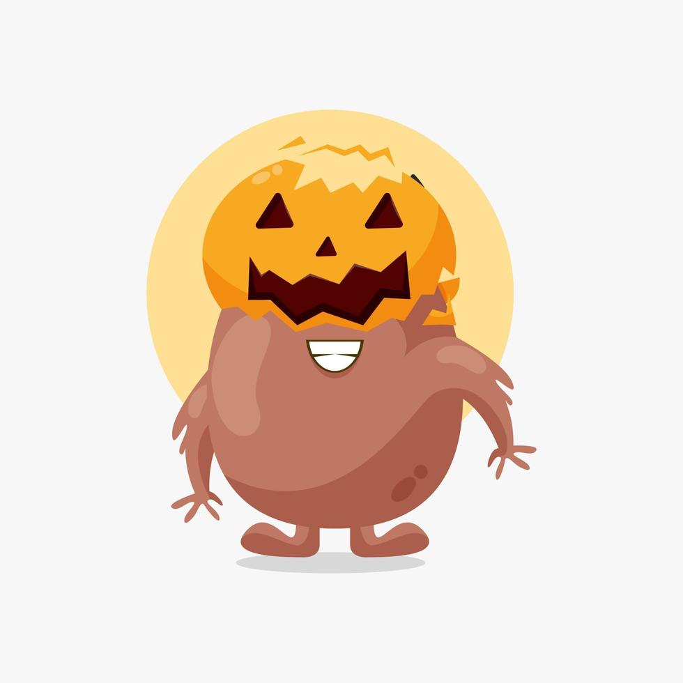 lindo monstruo marrón con ilustración de máscara de halloween de calabaza vector