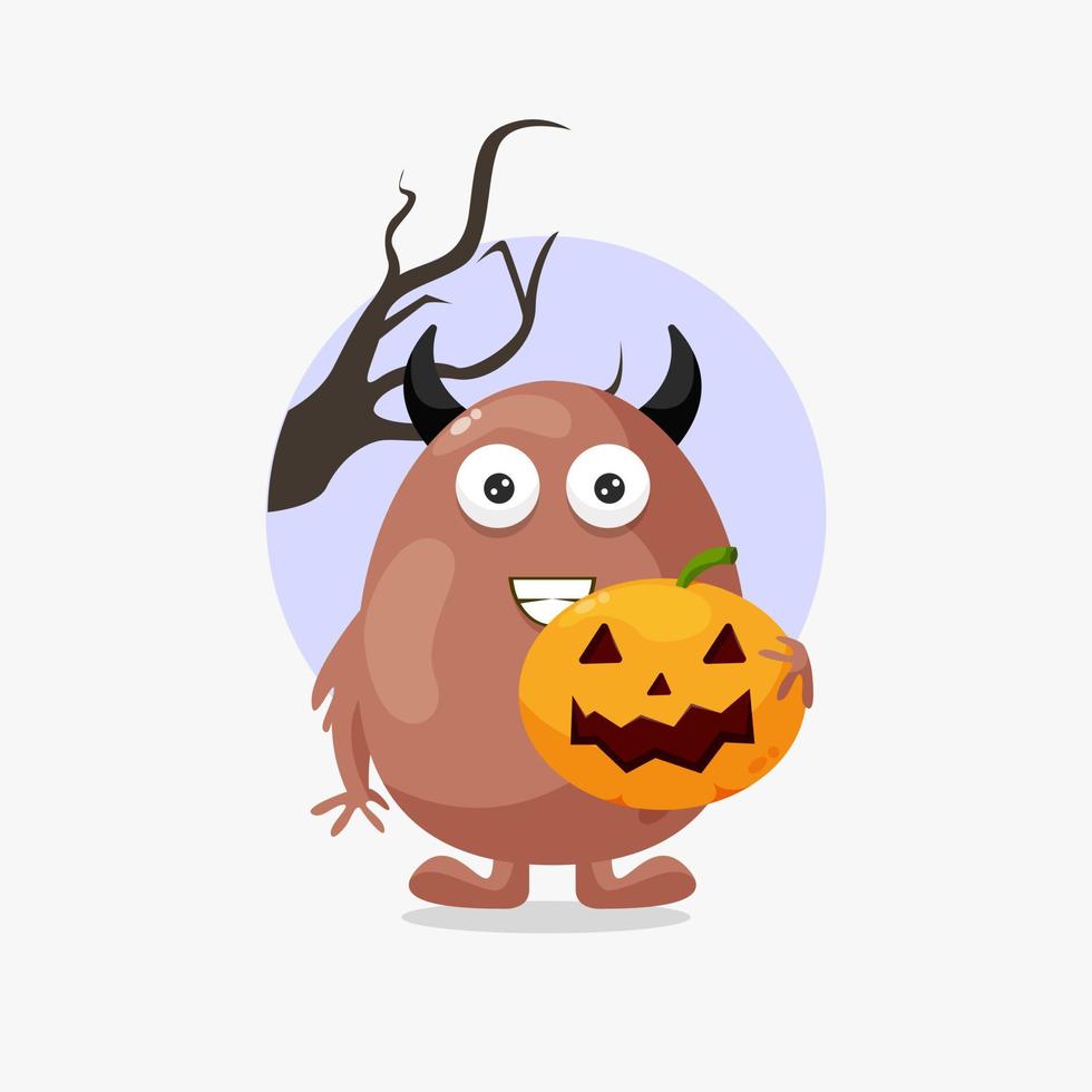 Cute brown monster with pumpkin halloween illustration vector