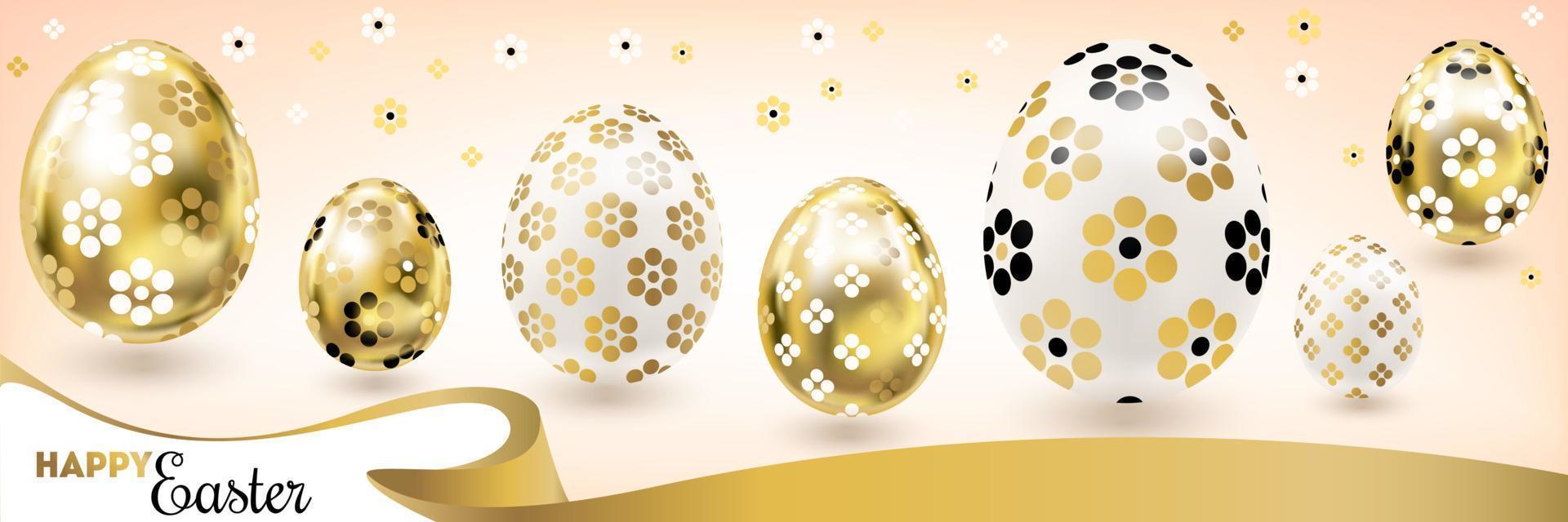 Easter banner with golden eggs and silk ribbon vector