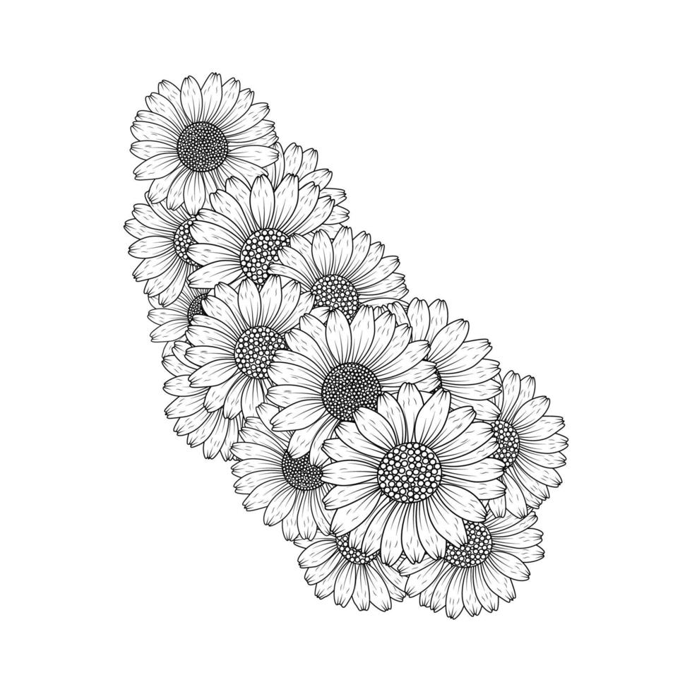 daisy flower drawing coloring page with doodle art design in detailed line art vector graphic