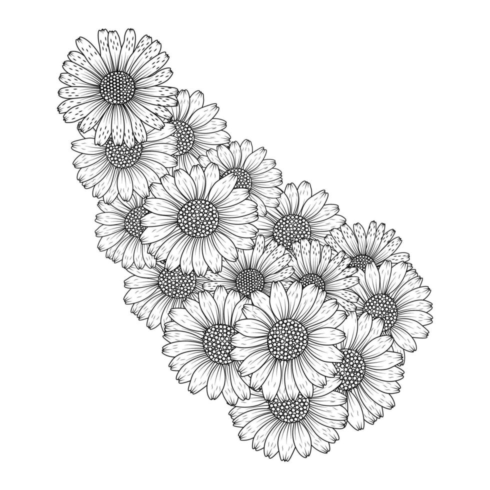 daisy flower drawing coloring page with doodle art design in detailed line art vector graphic