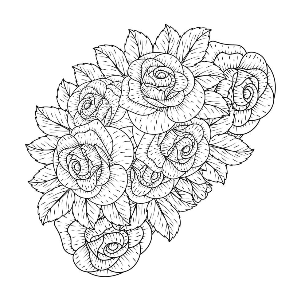 ramo floral dibujado a mano con rosas y hojas zentangle página para colorear con bocetos fáciles decorativos vector