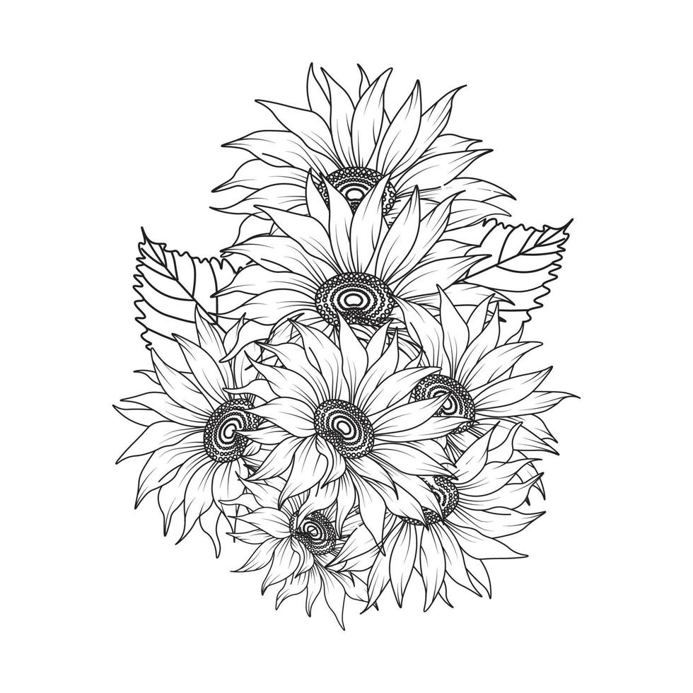 dibujo de arte de doodle zen de girasol de diseño vectorial con página de libro de colorear para adultos de pétalos florecientes vector