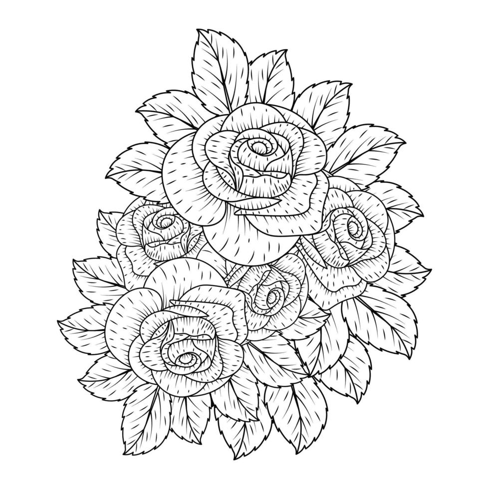 hand drawn floral bunch with roses and leaves zentangle coloring page with decorative easy sketches vector