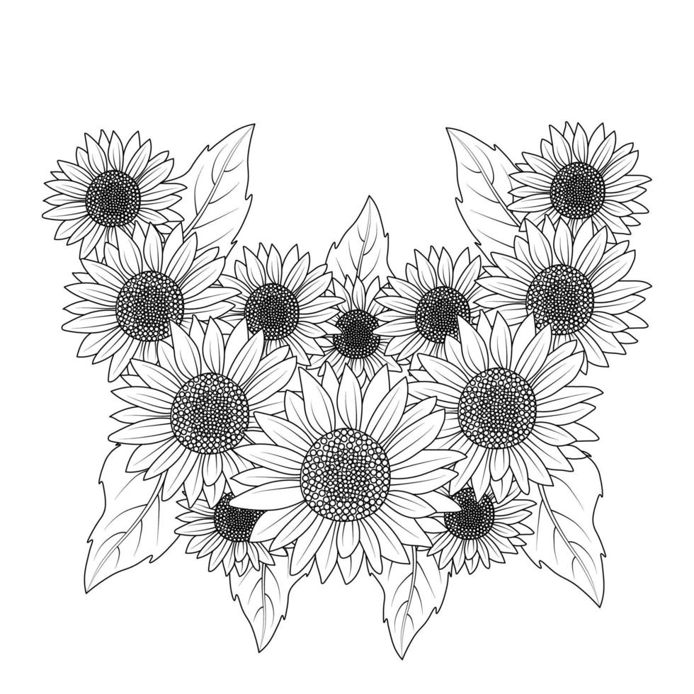 sunflower zen doodle art drawing of vector design with blooming petal adult coloring book page