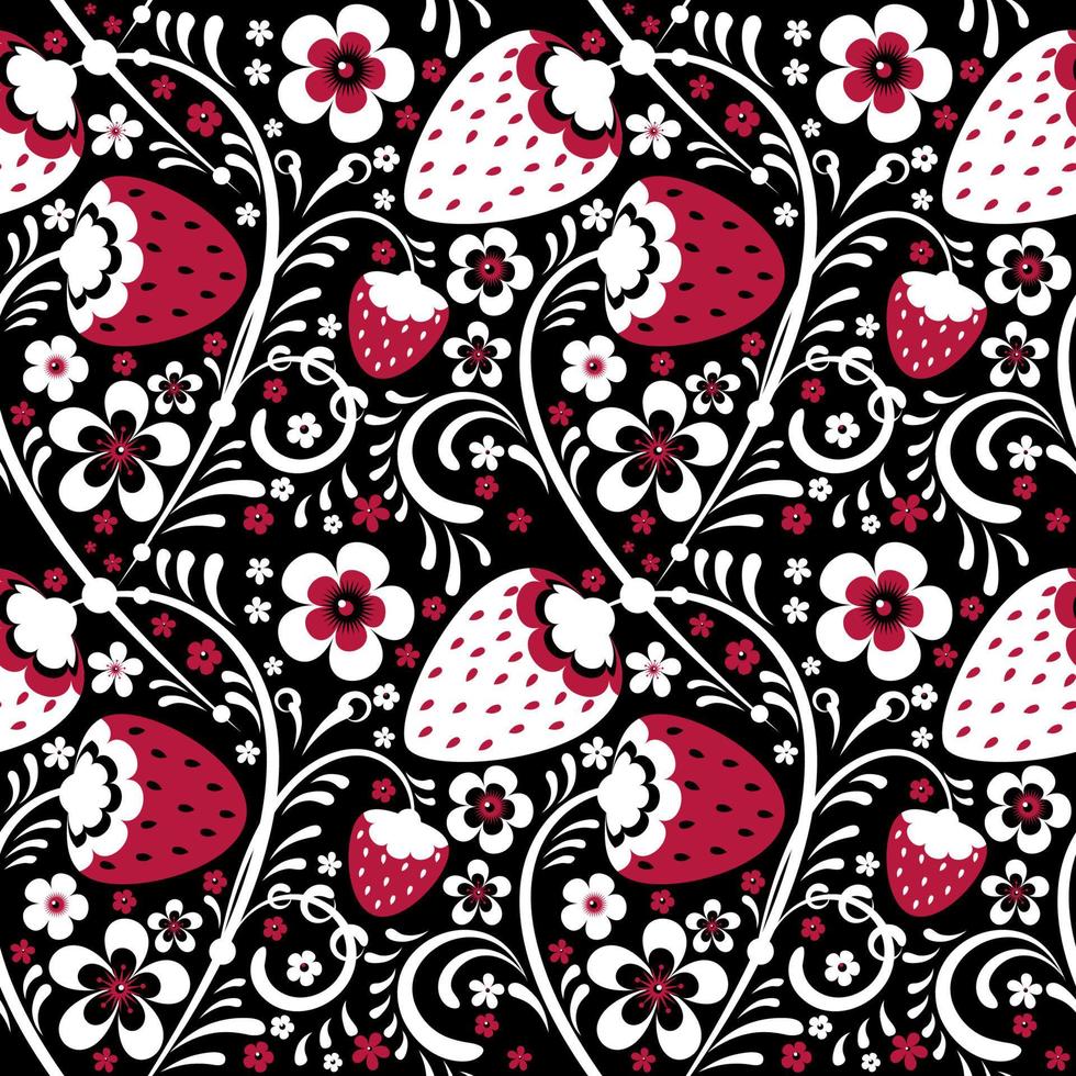 Winter strawberry pattern in Khokhloma style vector