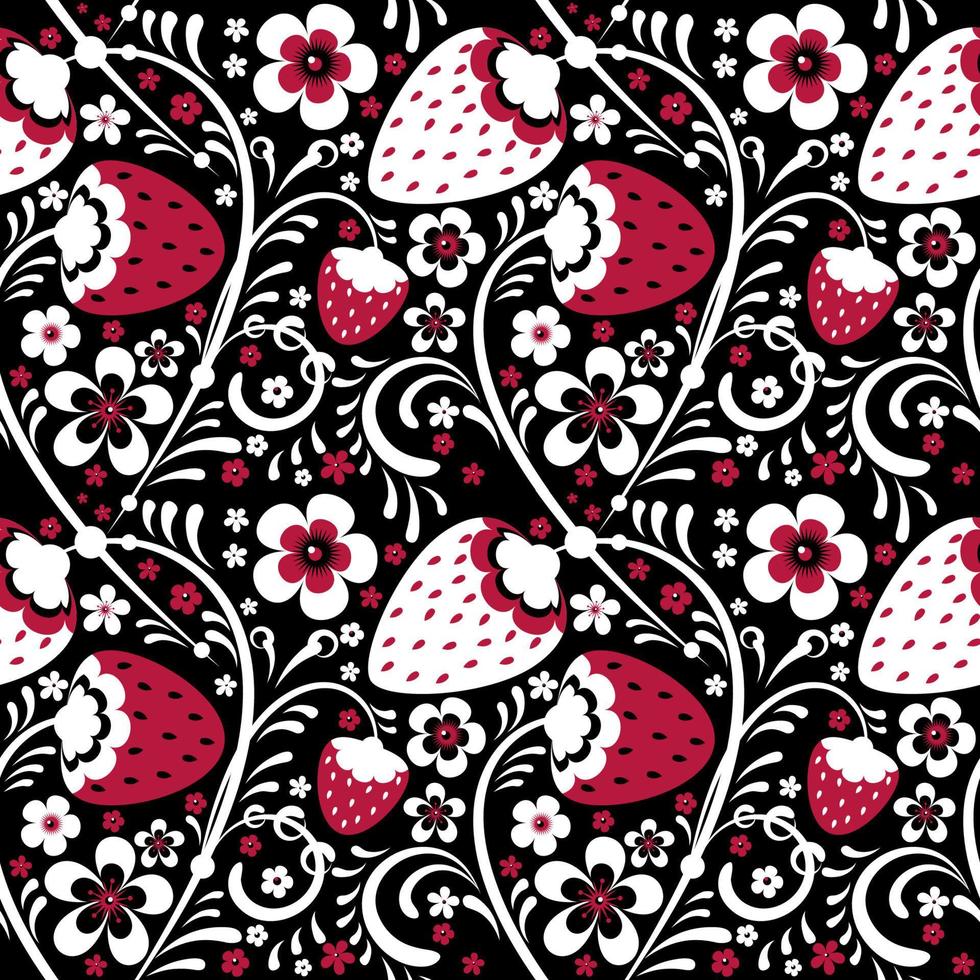 Winter strawberry pattern in Khokhloma style vector