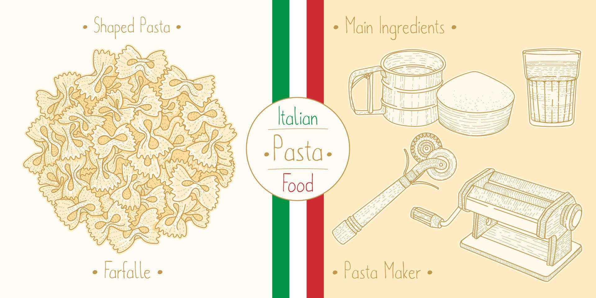 cocinar comida italiana pajarita farfalle pasta, ingredientes y equipo vector