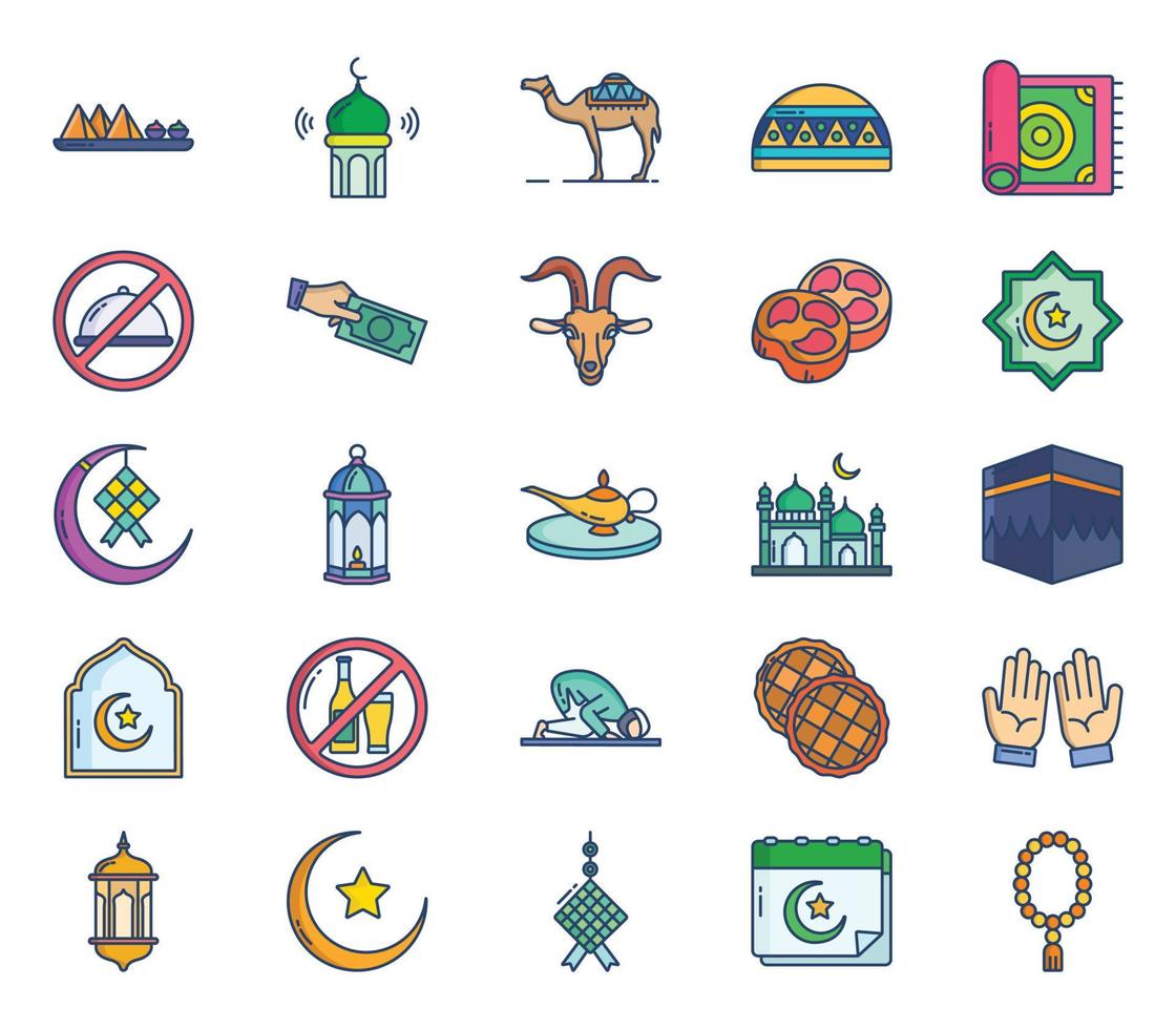 Ramadan and eid mubarak icon set vector