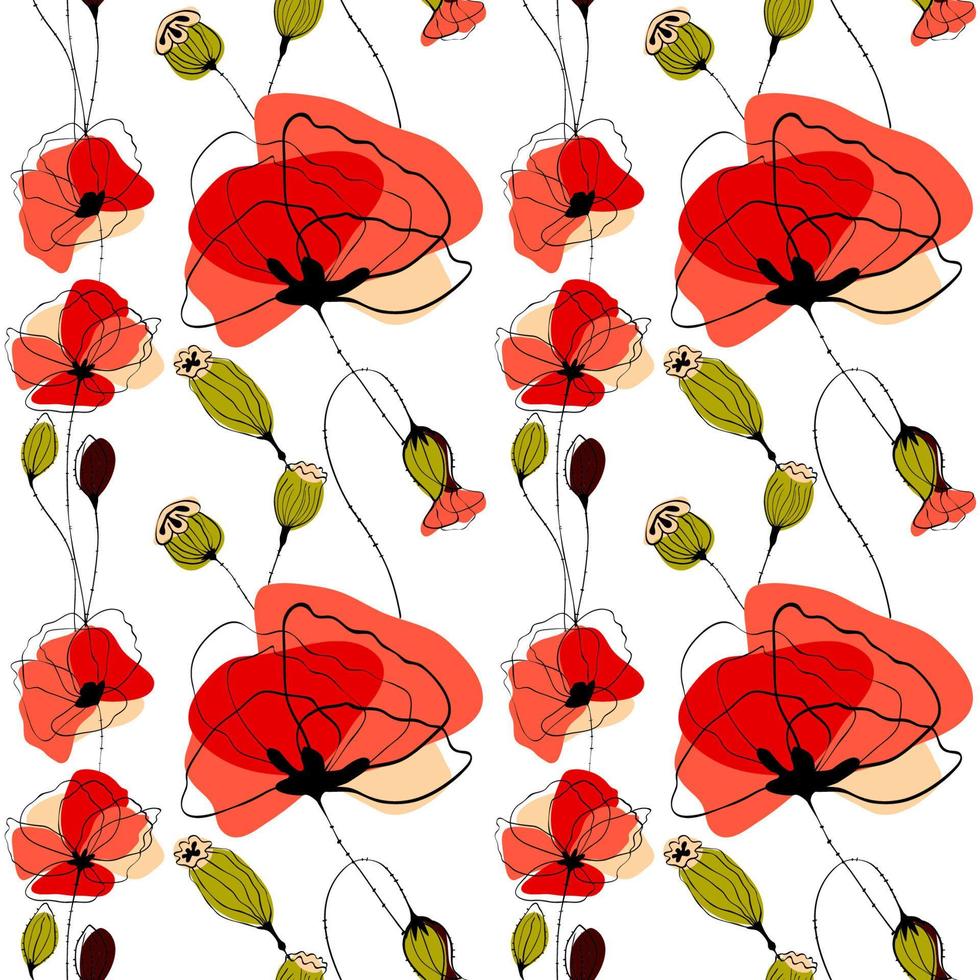 Poppy flowers and capsules seamless pattern vector