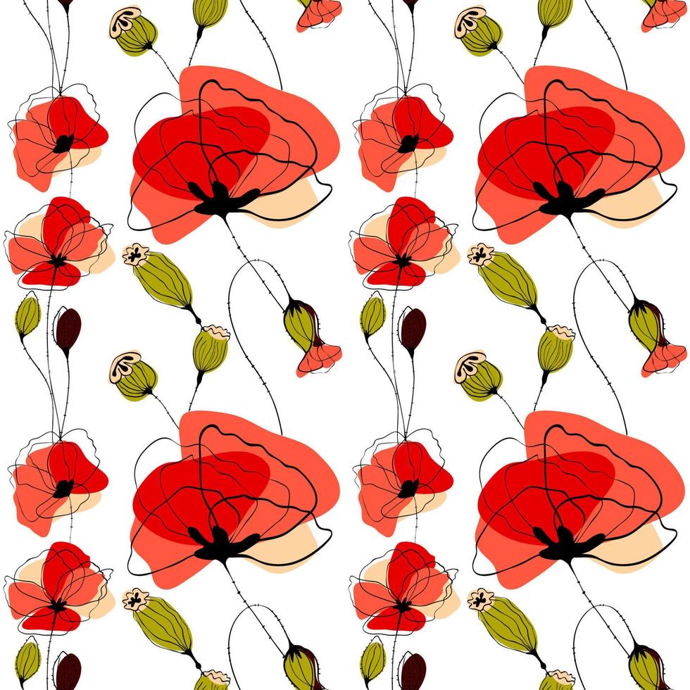 Poppy flowers and capsules seamless pattern vector