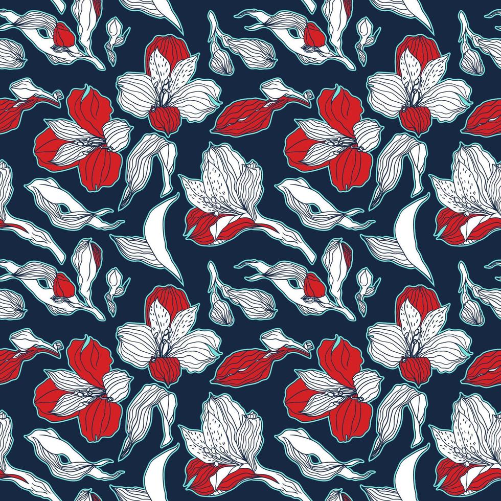 Dark blue and red seamless pattern with high detalised alstroemeria buds and flowers vector
