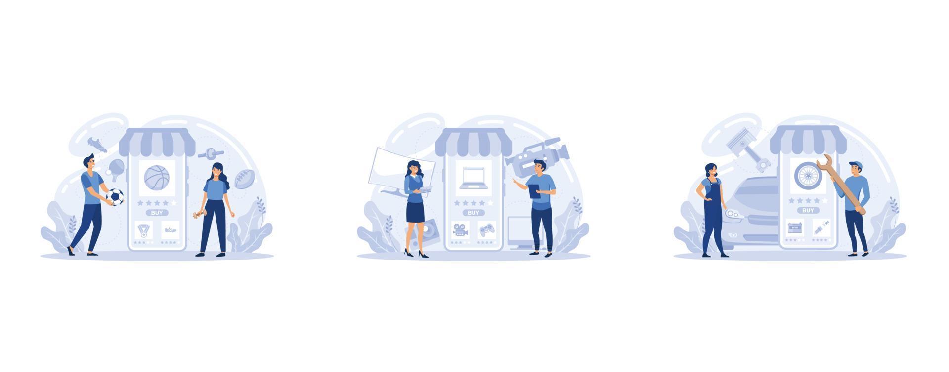 E-commerce, customer on the sale. App on mobile phone. Computer, sport and car store, set flat vector modern illustration