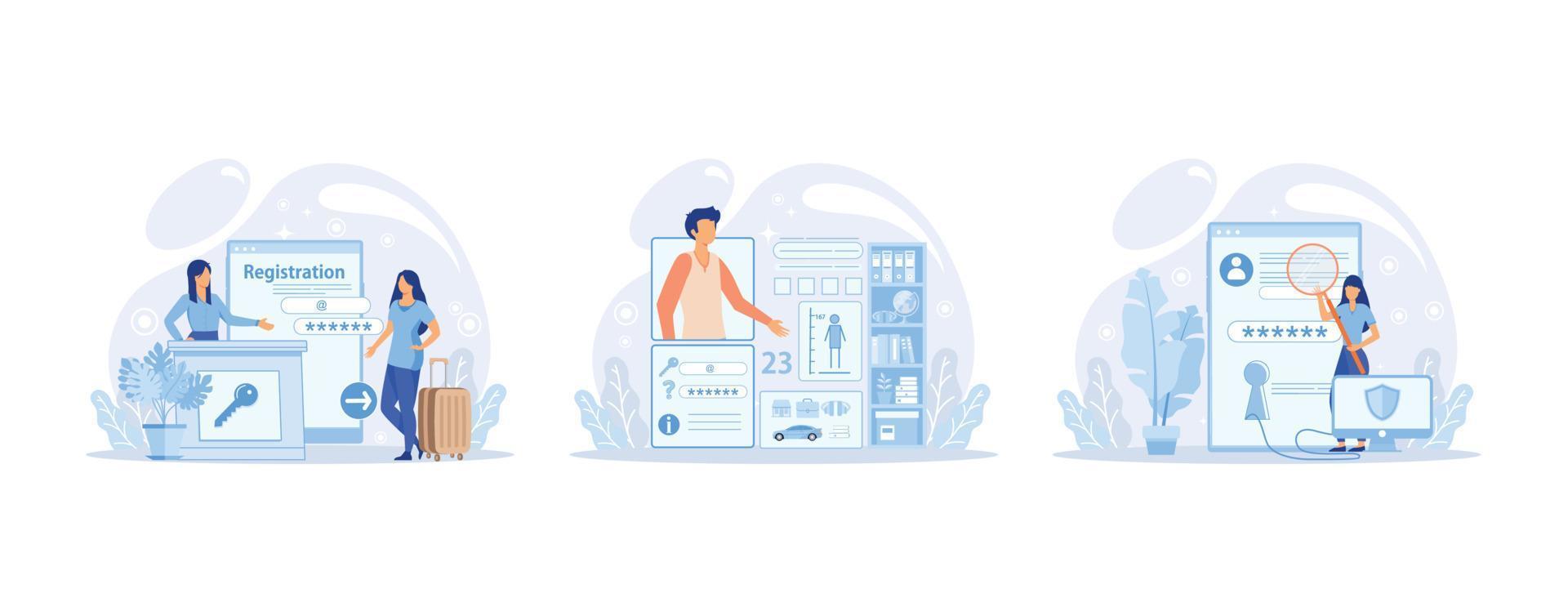 Registration or sign up user interface. People using secure login and password, account data for authorization. Personal data security. Registration page, user information, vector