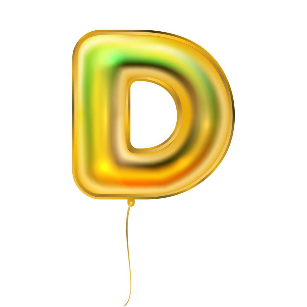 Gold metallic balloon, inflated alphabet symbol D vector