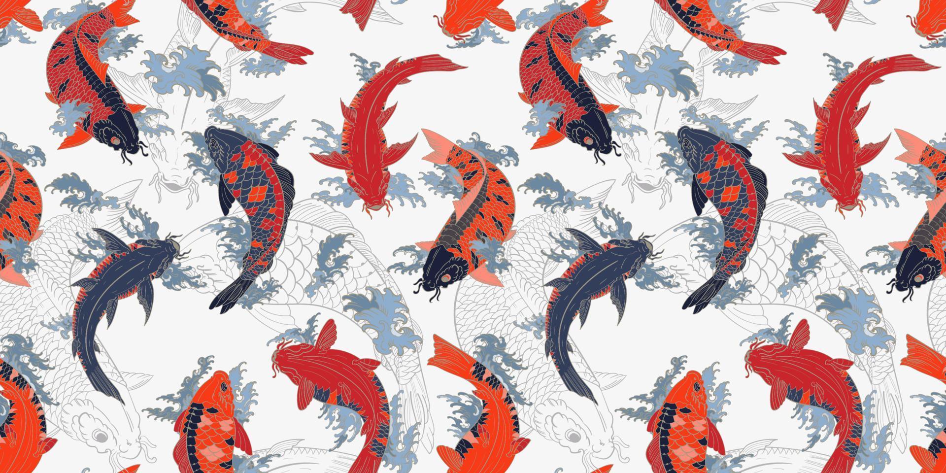 Red and orange koi carps Japanese gray seamless pattern vector