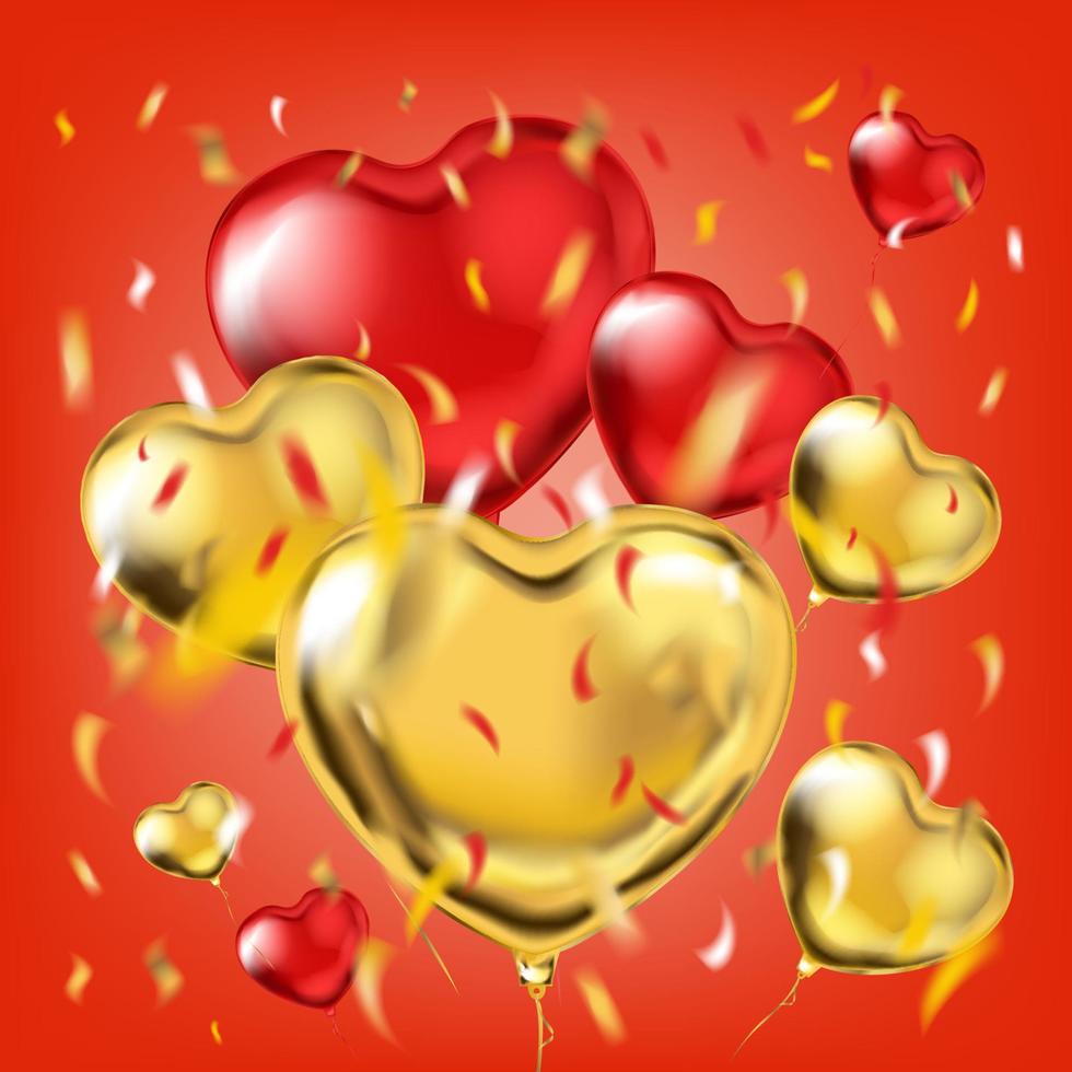 Globos metálicos dorados y rojos en forma de corazón y confeti de aluminio vector
