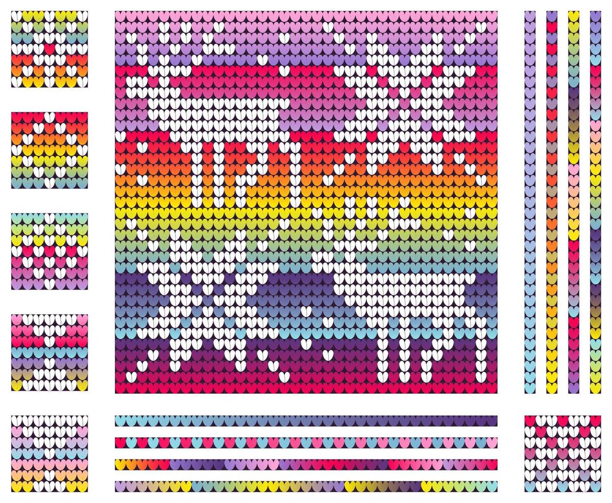 Rainbow neon colors Christmas knitting pattern with deer and star vector