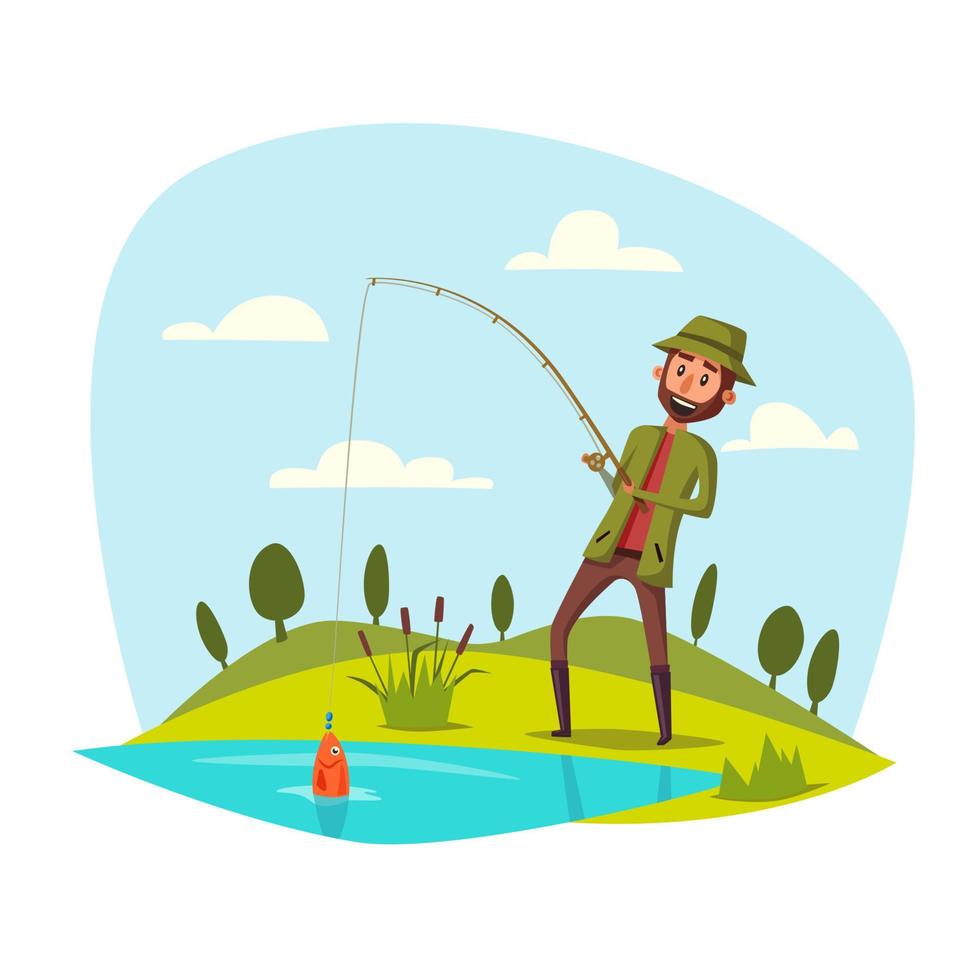 Man fishing with rod, catching vector fish on hook