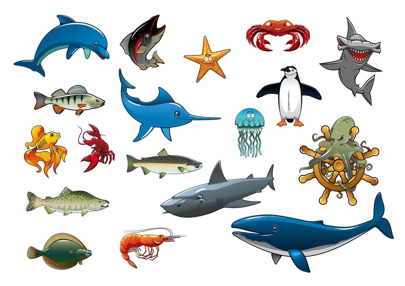 iconos vectoriales de dibujos animados de peces marinos y animales oceánicos vector