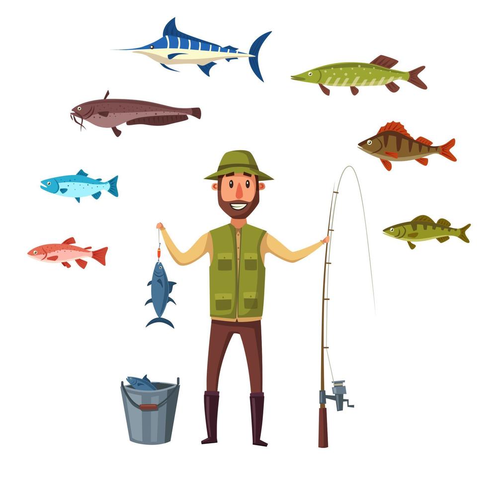 pescador, pesca de peces vectoriales aislados vector