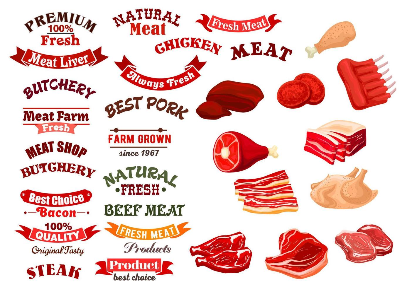 Butchery shop meat icons, vector emblems ribbons