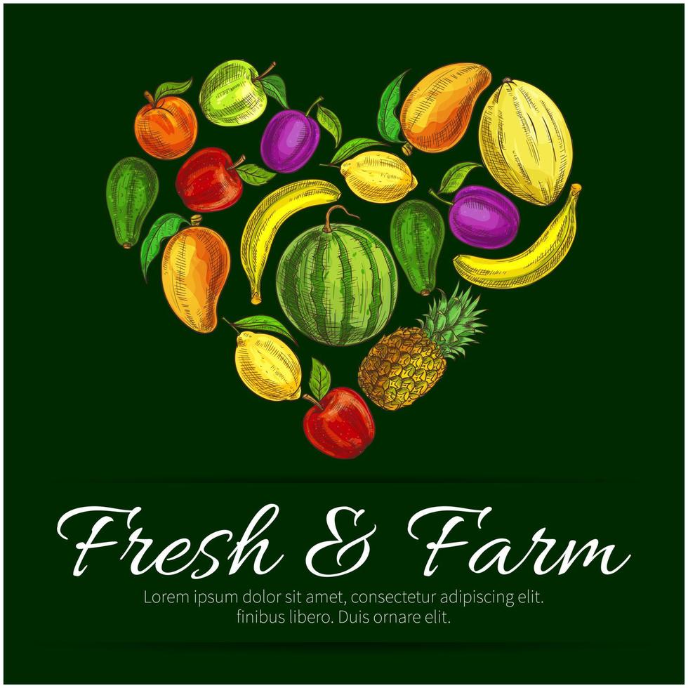 cartel de bosquejo de frutas frescas de granja en símbolo de corazón vector