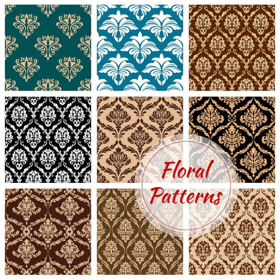 Floral damask ornament vector seamless pattern set