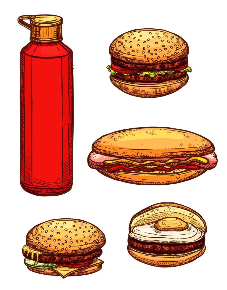 Fast food hamburgers, ketchup sketch vector icons