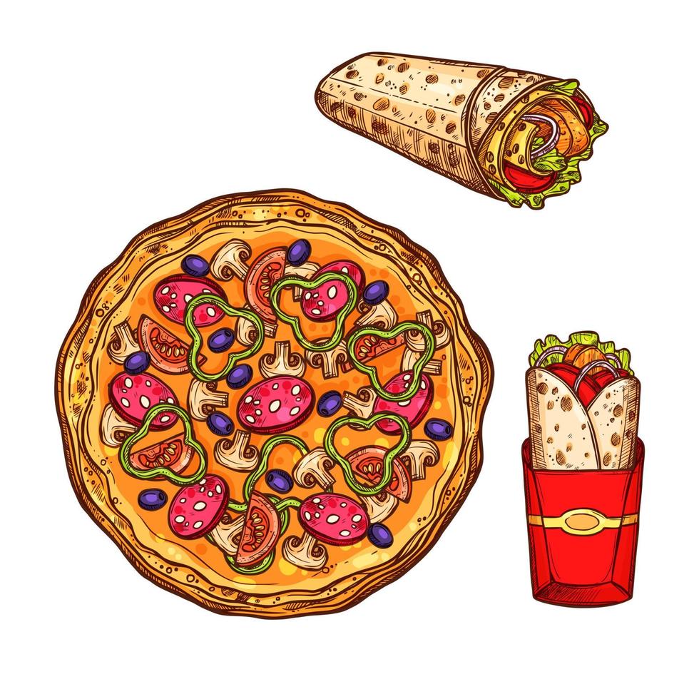 pizza de comida rápida, doner burrito iconos de dibujo vectorial vector