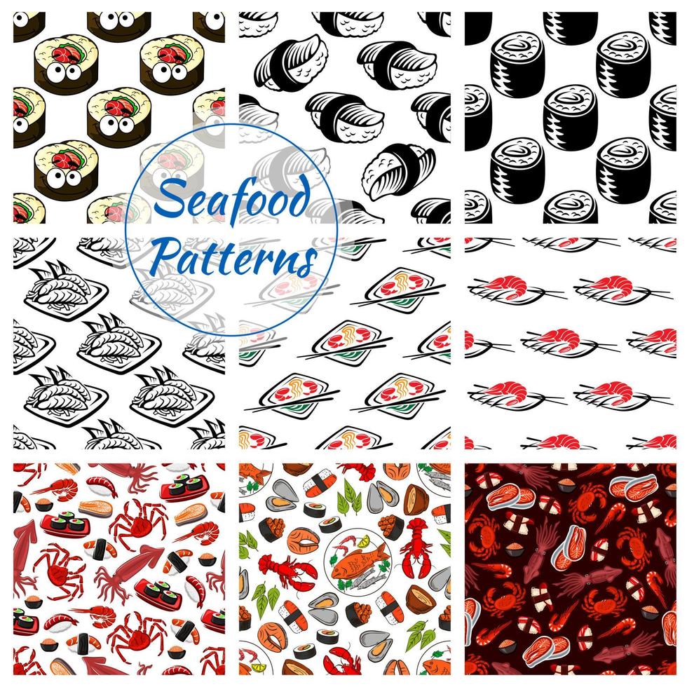 Seafood sushi, fish food seamless vector patterns