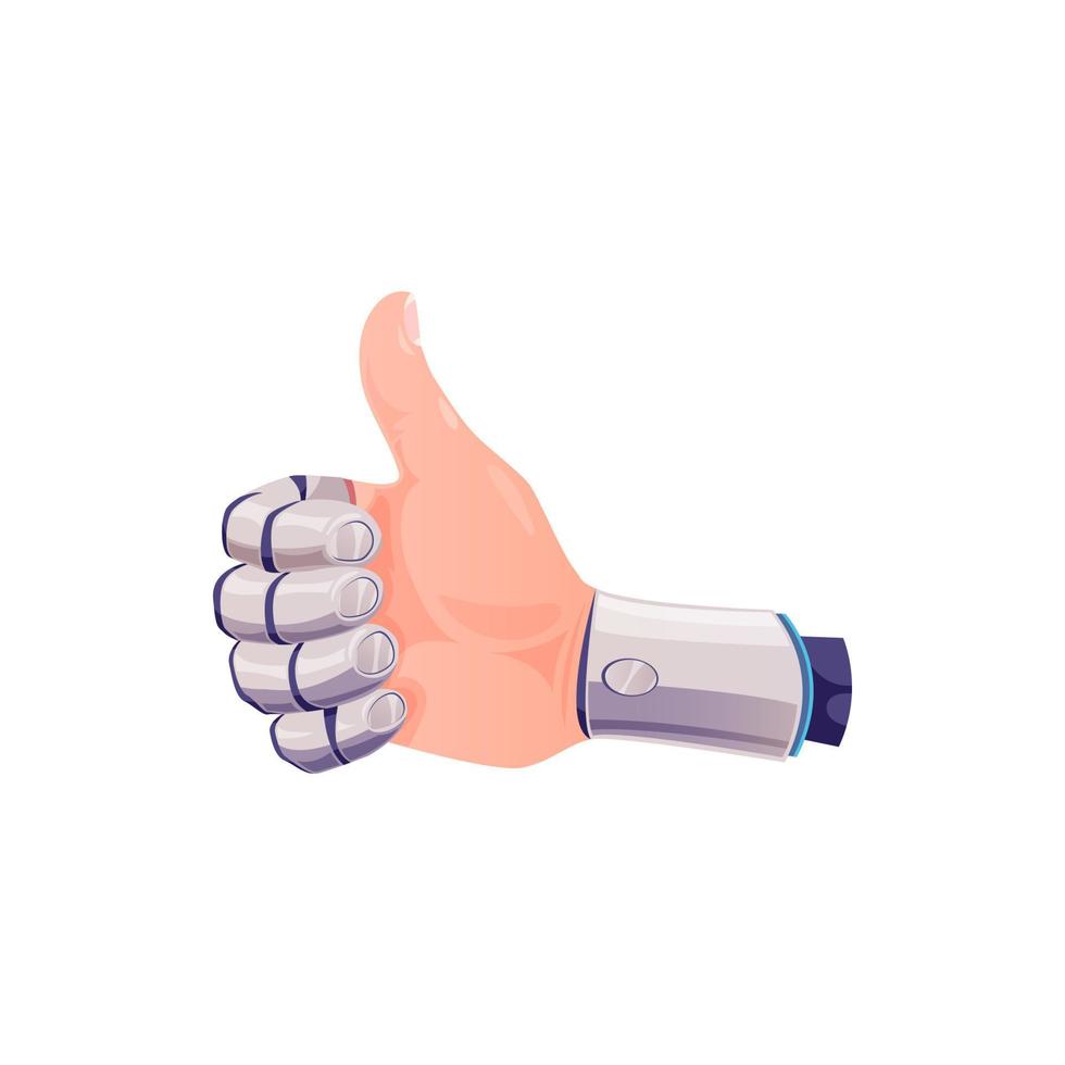 Robot hand or cyborg mechanical arm with thumb up gesture, vector. Android robot hand with finger thumb up, artificial intelligence and robotic bionic cyber technology vector