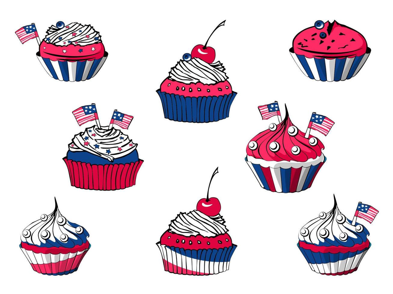 conjunto de cupcakes de dibujos animados del 4 de julio vector