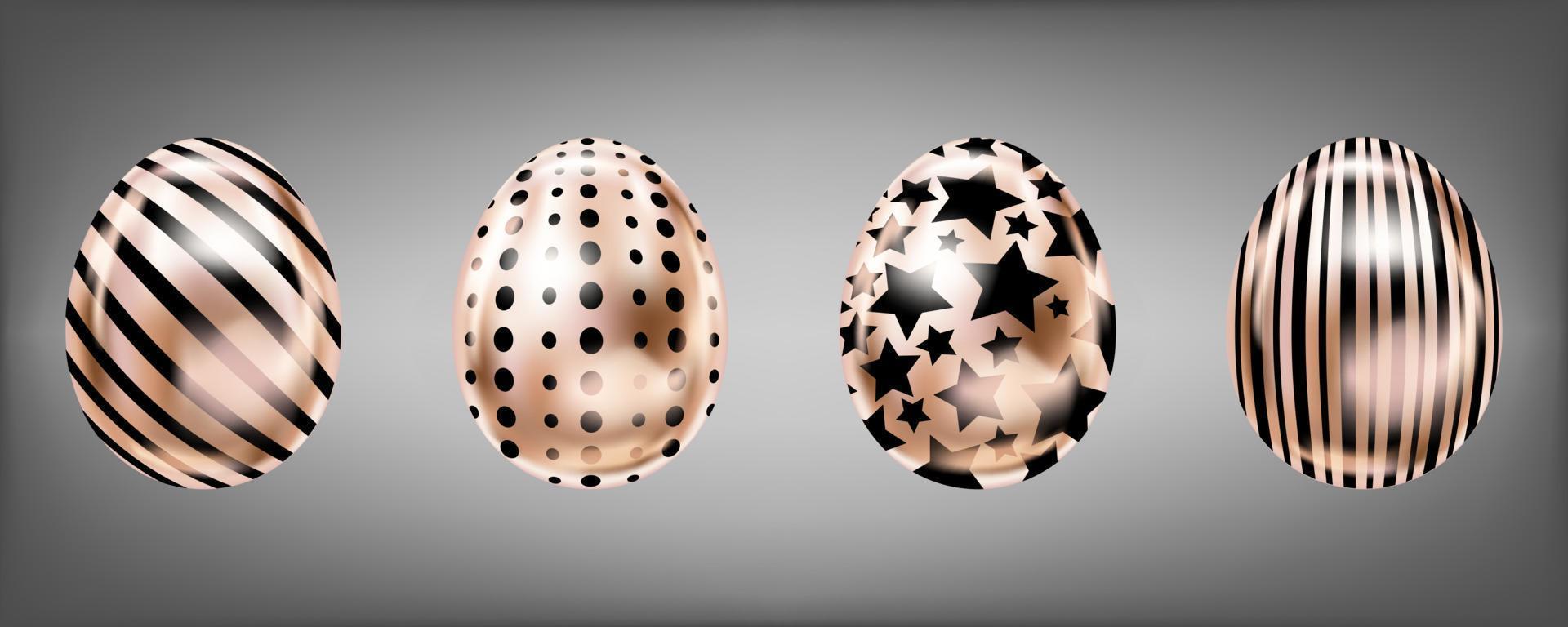 cuatro huevos metálicos de mirada en color rosa con rayas negras, puntos y estrellas. objetos aislados para pascua vector