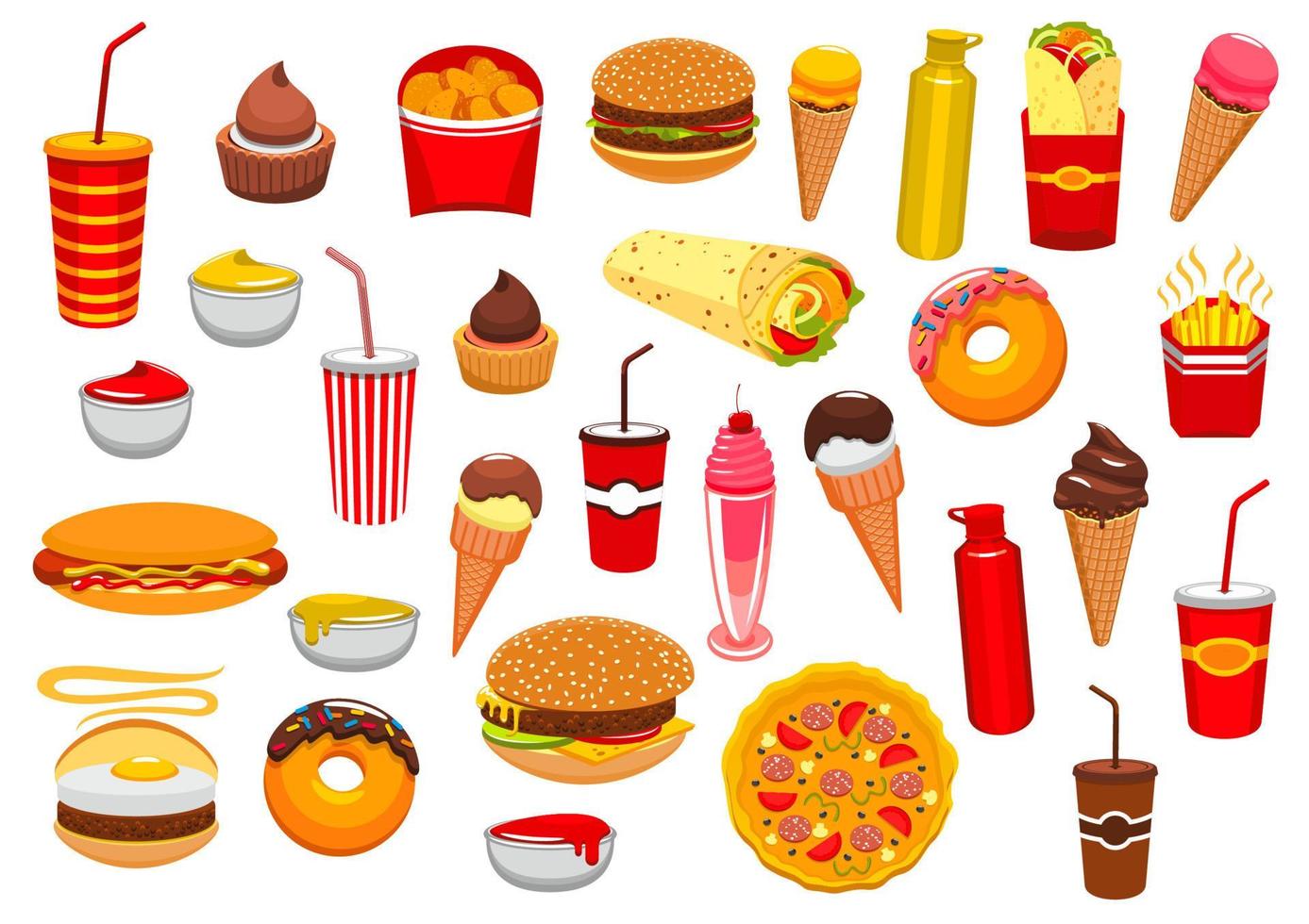 Fast food meal vector isolated icons set