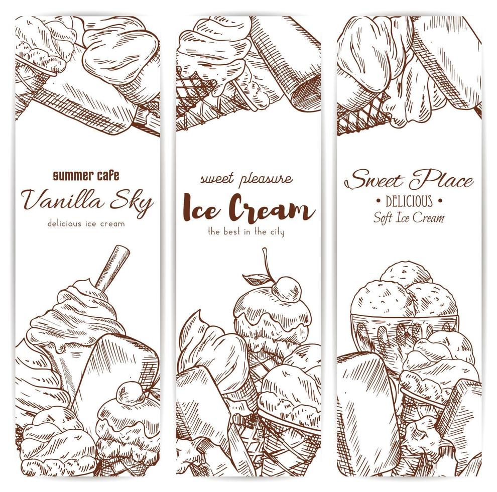 helado café postres boceto vector banners conjunto